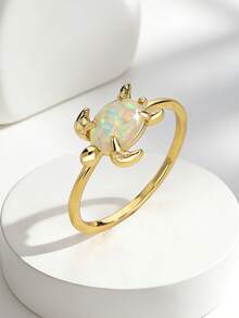 Charm-In Cute Turtle Design Opal Ring – Minimalist Gold Band, Perfect Birthday Or Anniversary Gift For Women - Gold - View 3