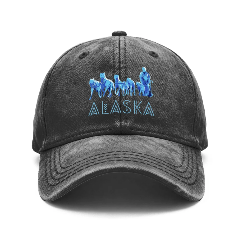 1PC Vintage Washed Unisex Baseball Caps, Sled Dog Team Alaska, Artistic Watercolor Design Print, Adjustable, Suitable For Outdoor Activities And Casual Wear, Gifts For Men And Women, Friends. - màu đen - Xem 1