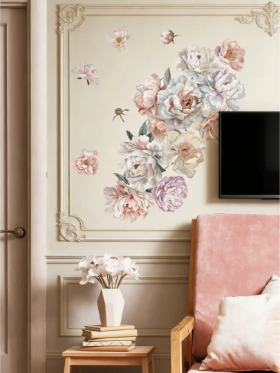 1片吉祥花卉墙贴，装饰壁画，卧室客厅玄关背景墙PVC自粘可移除墙贴，墙面美化防水防油自粘可移除墙贴，房间装饰，家居装饰，墙面装饰，浴室装饰，卧室装饰，房间装饰用品，客厅装饰，房屋装饰，家居装饰，客厅墙面艺术，壁纸贴纸，个性化贴纸