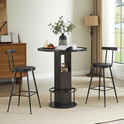 Three-Piece Bar Set, Including A 31.5-Inch Round Table And Two Stools. Wooden Table With Metal Hoop Legs. Ideal For Dining Rooms, Cafes, Bars, And Lounges. Black