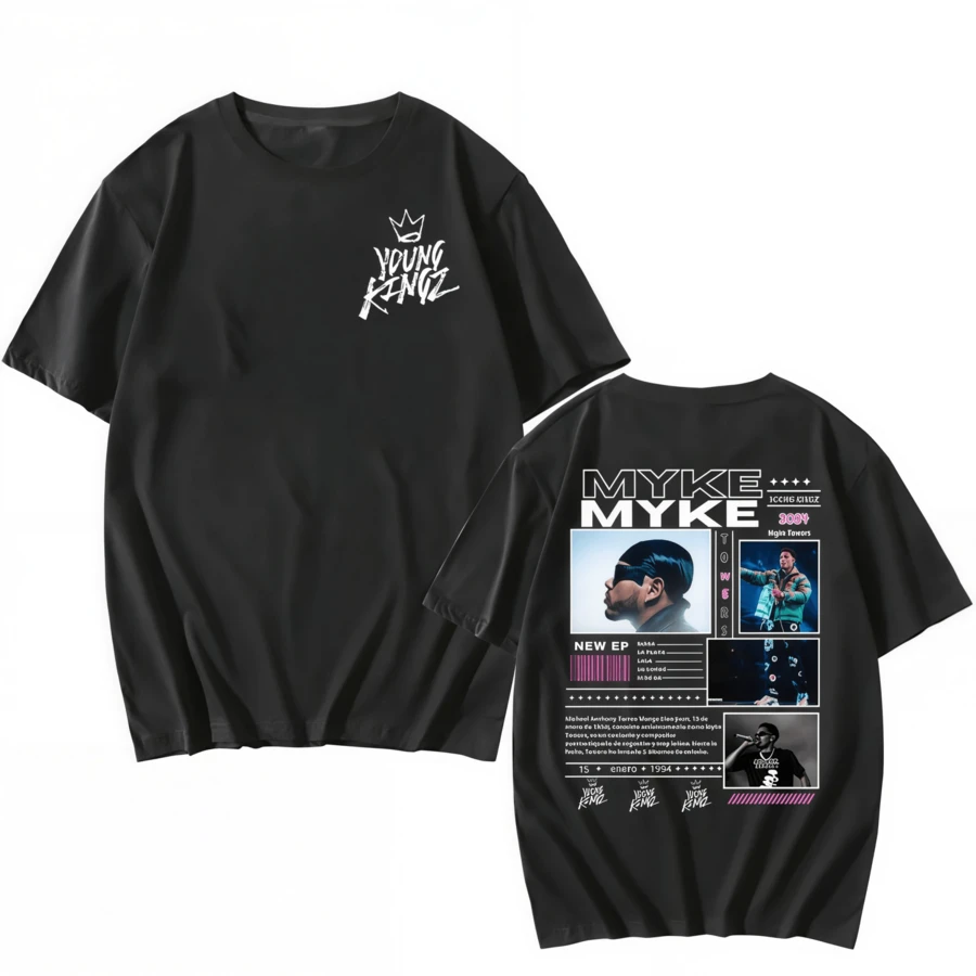 Myke Towers New EP 2025 T-Shirts Casual Cotton Tees For Men Hip Hop Style Rapper Unisex Pop Streetwear New Short Sleeve Tshirts - 黑色 - 查看 1