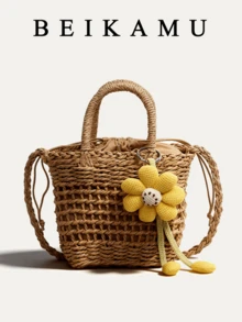 BEIKAMU New Khaki Woven Mesh Bag, Floral Decor Drawstring Tote Basket Bag, Handheld & Crossbody Versatile Beach Bag For Women - Khaki - View 1