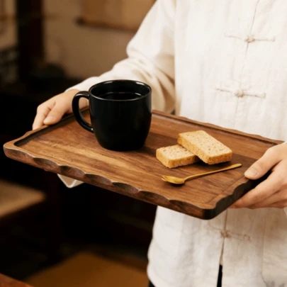 1pc High-Quality Wooden Serving Tray With Handle, Rectangular Tea Tray, Breakfast Coffee Tray, Snack Storage Plate, Suitable For Dining, Work, Storage In Bedroom, Kitchen, Living Room, Bathroom, Hospital And Outdoor, Kitchen Supplies