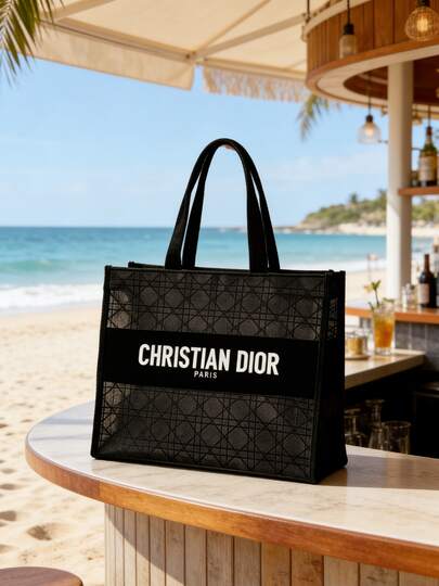 Dior 黑色网眼菱形透明女士单肩包，带小收纳袋和化妆包