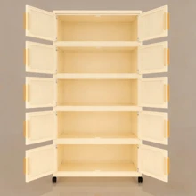 Portable Stackable Storage Cupboard With Orange Handles, Dustproof Wardrobe For Home Organization - Cream Yellow - View 9
