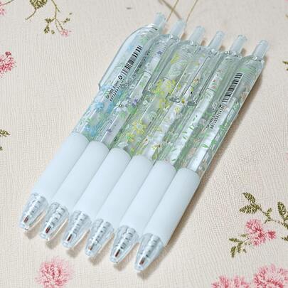 6pcs Retractable Floral Pattern 0.5mm Black Quick-Drying Neutral Pens, Suitable For Smooth Writing In Notebooks And Office Stationery, Great For Back To School Season