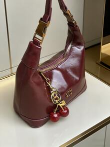 New Fashion Versatile Glossy Leather Lock Cherry Pendant Design Casual Crescent Adjustable Shoulder/Crossbody Handbag - Burgundy - View 2