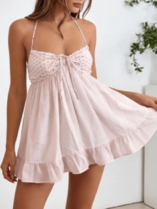 Women's Summer Dot Print Cami Dress White Sleeveless Ruffle Trim Herm Tie Up Beach Dress - 粉色 - 查看 2