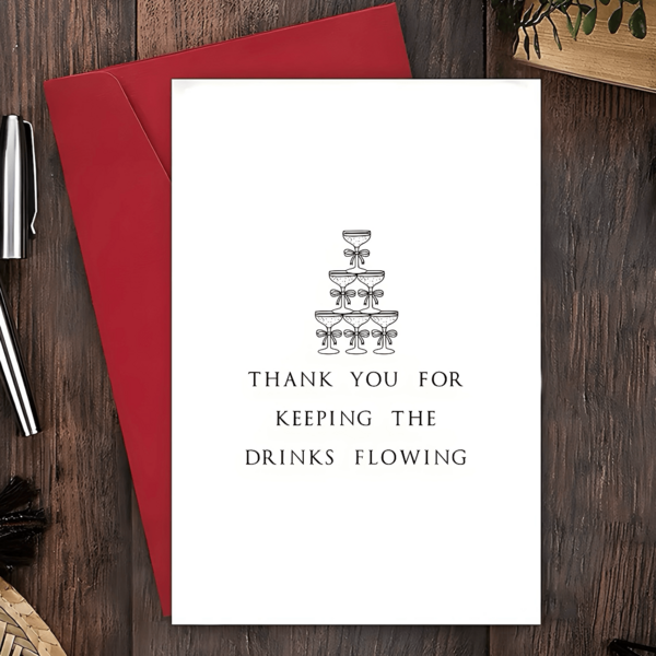1 PIEZA Tarjeta de agradecimiento para el barman de la boda - Diseño elegante de copa de martini y mensaje "Mantén fluyendo las bebidas" - Tarjeta de agradecimiento por el servicio de bebidas de la boda para los barman