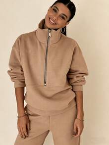 Spring Brown Essential Half-Zip Stand Collar Brown Two-Piece Set, Relaxed Fit Loungewear For Daily Wear, Versatile Outfit For Casual Errands And Lounging   /Swimsuits For Woman  /Summer Outfits For Women - màu nâu - Xem 8