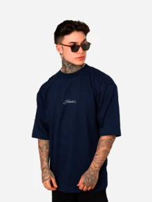 Oversized Streetwear Crew Neck T-Shirt DMUNIZ Cursive Print 100% Premium Cotton New Release - Navy Blue - View 1