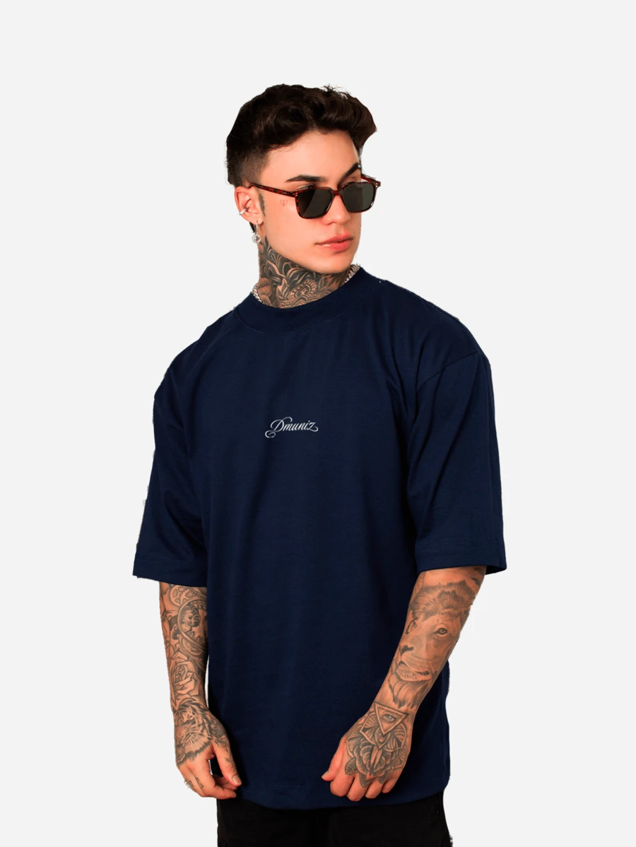 Oversized Streetwear Crew Neck T-Shirt DMUNIZ Cursive Print 100% Premium Cotton New Release - Navy Blue - View 1
