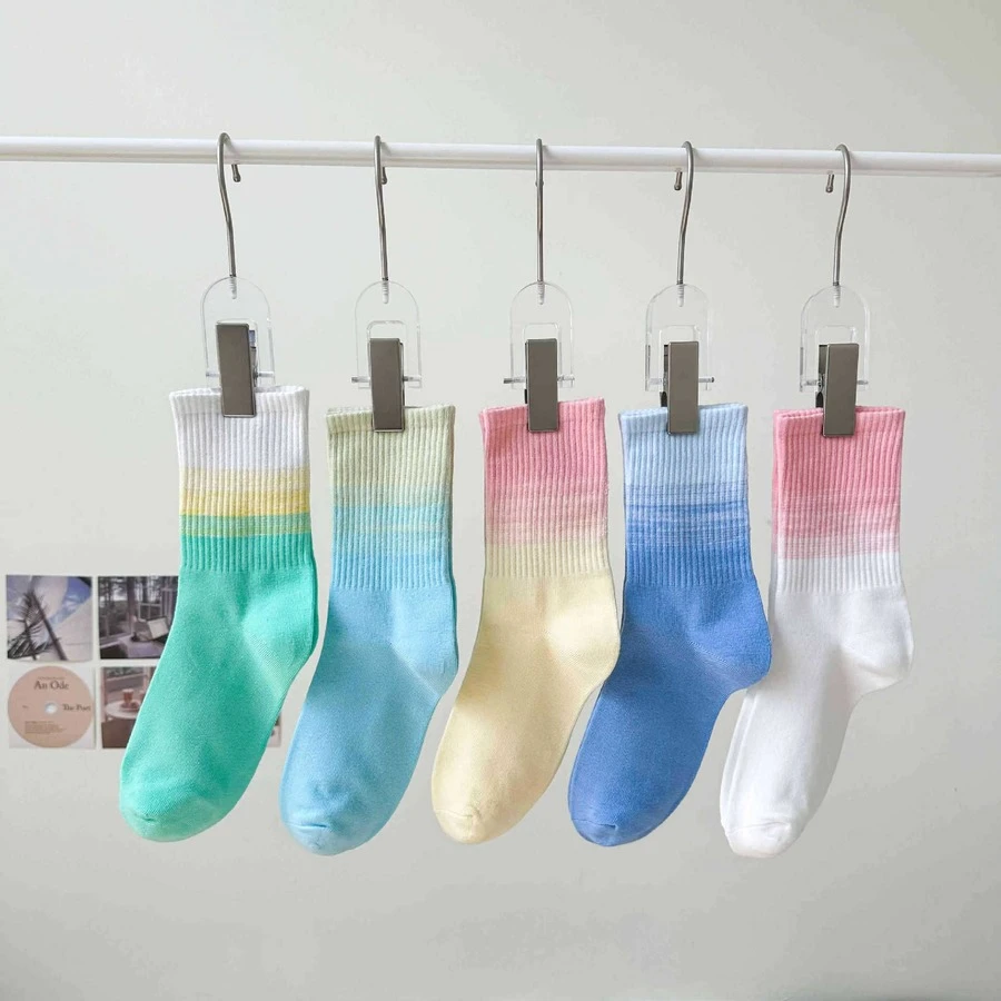 5 Pairs Mixed Color Tie-Dye Gradient Mid-Calf Socks, Sports Socks For Men - Multicolor - View 1