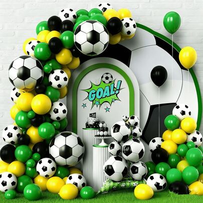 139PCS Soccer Balloon Garland Arch Kit - Green And Yellow Football Balloons Arch Kit With Football, Exploding Star Balloon, 38-Inch Standing Ball Stack, 29-Inch Grand Prize Cup Aluminum Foil Balloon, For Sport Game Football Birthday Party Decorations