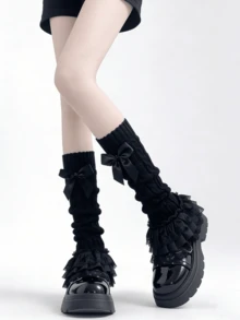 1 Pair Black/White Sweet Bowknot Lace Ruffle Lolita Leg Warmers, Spring/Summer New Arrival - Multicolor - View 7