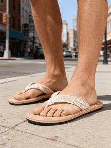 大码男士人字拖，夏季休闲编织带平底凉鞋，黑色，适合户外、沙滩、防滑，杏色 EVA 材质亚麻外观拖鞋 - 杏色 - 查看 2