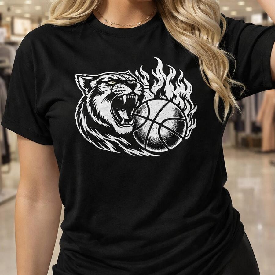 Camiseta de algodón para mujer con estampado gráfico de pantera de baloncesto, ideal para uso diario o como camiseta conmemorativa para amigos o seres queridos. También es adecuada como suéter. Entrega rápida. - Negro - Ver 1