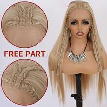 金色蕾丝前假发，预先拔毛发际线，长款假发，适合，无需胶水，直发，金色蕾丝前合成假发，耐热纤维，24英寸 - 彩色 - 查看 3