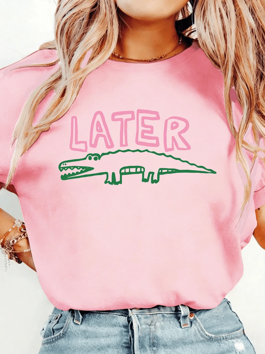 Women Later Gator Funny Crocodile Lightweight Tee, White Pink Breathable All Season Round Neck Top, Machine Washable Daily Playful Fashion Shirt - 粉色 - 查看 1