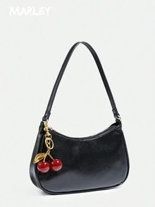MARLEY, Women's Fall Outfits, Floral Patterned Fabric, Cute Pendant Decor, Cherry Pendant, Women's Minimalist Shoulder Bag, Zipper Closure, Retro Style, Underarm Bag, Suitable For Multiple Occasions, Small Bags - 黑色 - 查看 2