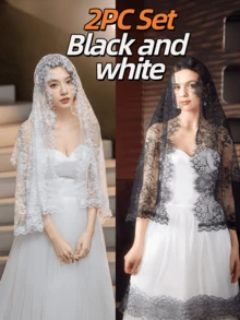 1 pieza Pañuelo de cabeza de encaje de longitud media para mujer, chal calado en blanco y negro, cómodo y versátil, ropa de primavera/verano y otoño para mujer - A - Ver 11