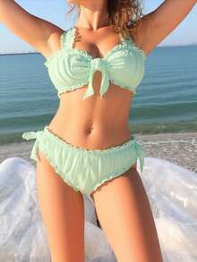 Bộ bikini dây đeo bèo nhún ngọt ngào, phong cách tiệc tùng mùa hè tươi mát trên bãi biển. - màu xanh lá - Xem 6