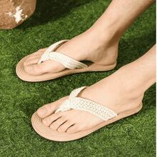 大码男士人字拖，夏季休闲编织带平底凉鞋，黑色，适合户外、沙滩、防滑，杏色 EVA 材质亚麻外观拖鞋 - 杏色 - 查看 3