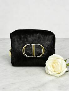 Dior High-End Fashion Black Glossy Gold Logo Velvet Cosmetic Bag - Black - View 6