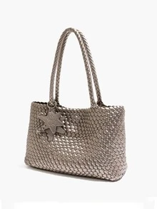 Women's Shoulder Bag, Woven Handbag, Travel Leather Beach Tote Bag, Women's Work Bag - Silver - View 5