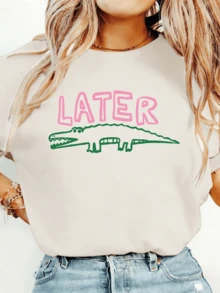 Women Later Gator Funny Crocodile Lightweight Tee, White Pink Breathable All Season Round Neck Top, Machine Washable Daily Playful Fashion Shirt - 杏色 - 查看 7