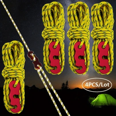 4pcs/Set High Visibility Reflective Camping Tent Guy Ropes - Reflective Rope With Tent Line Rope High Strength Lightweight Aluminum Rope Adjuster, For Tying Tarpaulin, Camping Tent, Outdoor Packaging - Ideal For Pitching Tents And Outdoor Adventures, Multipurpose, Suitable For Ropes, Clotheslines, Camping Accessories