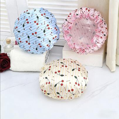 1pc Double-Layer Women's Shower Cap, Waterproof Satin Cartoon Shower Cap, Makeup Cap, Sleep Cap, Home Shower Cap