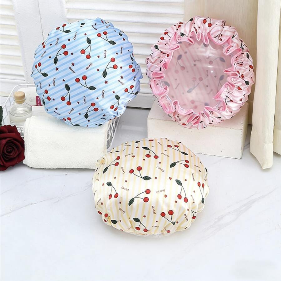 1pc Double-Layer Women's Shower Cap, Waterproof Satin Cartoon Shower Cap, Makeup Cap, Sleep Cap, Home Shower Cap - Thickened version - View 1