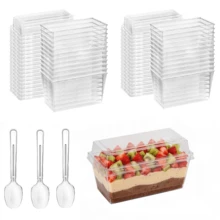 Bộ 25/50/100 chiếc/gói, cốc nhựa đựng tráng miệng 150ml (5oz) kèm thìa và nắp, bát tráng miệng hình chữ nhật bằng nhựa có thể tái sử dụng, đĩa nhỏ, khuôn bánh, thích hợp cho các món tráng miệng, bánh pudding, mousse, dã ngoại, tiệc tùng. - Trong sáng - Xem 9