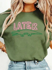 Women Later Gator Funny Crocodile Lightweight Tee, White Pink Breathable All Season Round Neck Top, Machine Washable Daily Playful Fashion Shirt - 綠色 - 查看 6