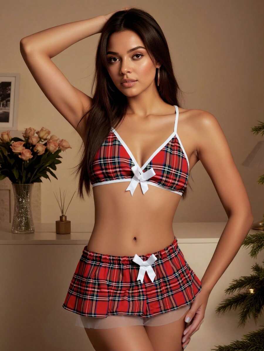 Bộ đồ hóa trang học sinh, váy lưới quyến rũ, bikini buộc dây hở lưng dễ thương, bộ đồ ngủ gợi cảm 3 món, đồ ngủ ngày Valentine. - Đỏ - Xem 1