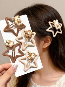 4件套多巴胺星星、棕熊、卡通BB夹、五角星发夹套装 - 彩色 - 查看 2