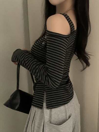 2026 Early Spring Korean Style Asymmetric Striped Long Sleeve T-Shirt, Relaxed Fit Slimming Versatile Blouse For Women
