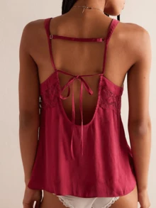 Women's Lace Patchwork Tank Tops Summer Fashionable V Neck Ruffle Hem Going Out Vest - 玫紅色 - View 5