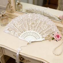 哥特式蕾丝折扇，饰以人造玫瑰和十字架 - 复古维多利亚风格手扇，适合洛丽塔时尚、角色扮演、婚礼、茶会和万圣节服装配饰 - 优雅的黑色/白色/粉色/红色花卉蕾丝扇，带流苏，适合女性和女孩 - 多色 - 查看 10