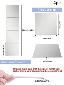 4pcs PMMA Mirror Wall Stickers, Classic Square Room Decor Stickers Suitable For Home Use - Silver - View 3