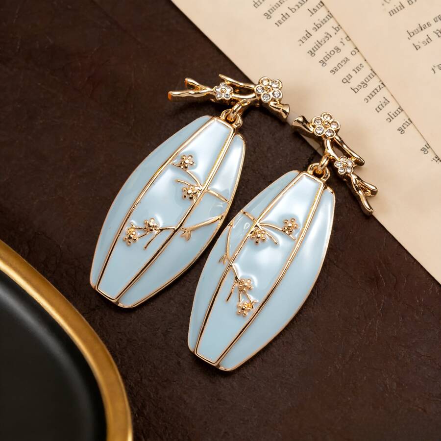 1 Pair Vintage Elegant Light Blue Glazed Golden Plum Blossom Vase Pendant Earrings, Suitable For Women's Daily Wear, Formal Events, Gifts For Her, Holiday Gifts - Light Blue - View 1