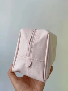 Burberry Pink Canvas Cosmetic Bag With Zipper, Featuring Embroidered Letter And Leather Pull Tab, Spacious Interior With Inner Pockets - Light Pink - View 4