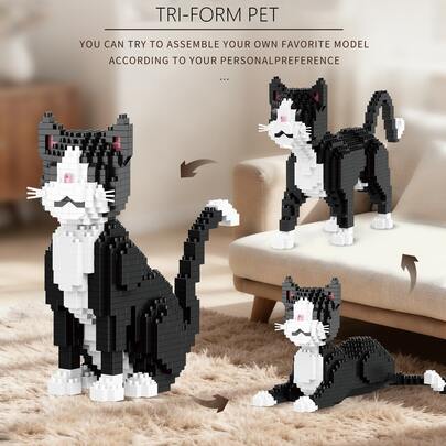 三合一奶牛猫像素积木，创意房间装饰，桌面摆件，减压玩具，适合万圣节、生日、圣诞节、毕业典礼、送给朋友、情侣、新年、婚礼、复活节的礼物