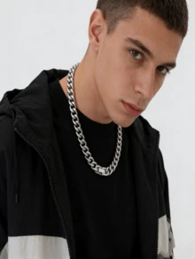 Collar de eslabón cubano de acero de titanio, collar versátil tipo gargantilla para hombres - Plateado - Ver 3