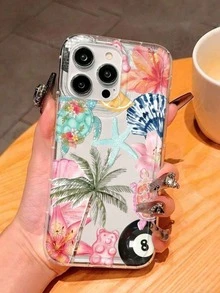 1pc Summer Coconut Tree & Hibiscus Print Transparent Air Cushion High Transparency TPU Material Phone Case, Suitable As Holiday Gift Compatible With Apple XS/XS Max/XR/11 12 13 14 15 16 Pro/Pro Max/14 15 16 Plus/17 And S25, 24, 23, 22, A73, A55 Etc. - Multicolor - View 3