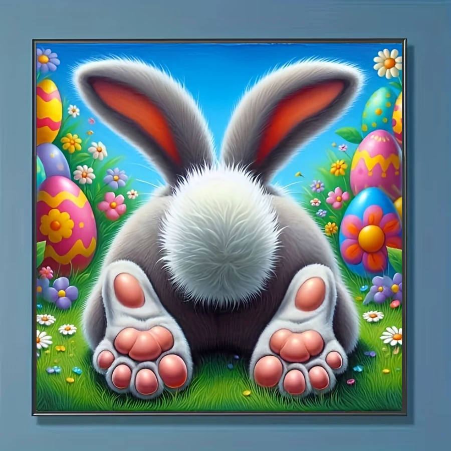 1件套全新可爱兔子主题钻石画套装，5D圆形水晶钻石马赛克DIY工艺品，适合制作手工礼物，装饰客厅、卧室，可用于宰牲节、父亲节、母亲节、婚礼、五一劳动节、复活节、圣诞节、情人节等场合，无框。