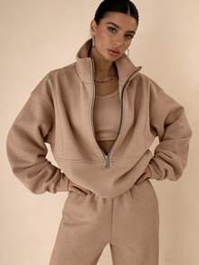 Spring Brown Essential Half-Zip Stand Collar Brown Two-Piece Set, Relaxed Fit Loungewear For Daily Wear, Versatile Outfit For Casual Errands And Lounging   /Swimsuits For Woman  /Summer Outfits For Women - màu nâu - Xem 6