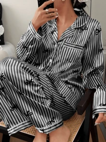 Dreamivo 2pcs/Set Women's Black Striped Long Sleeve Pajama Set - Black - View 1