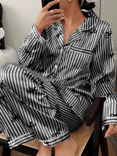 Dreamivo 2pcs/Set Women's Black Striped Long Sleeve Pajama Set